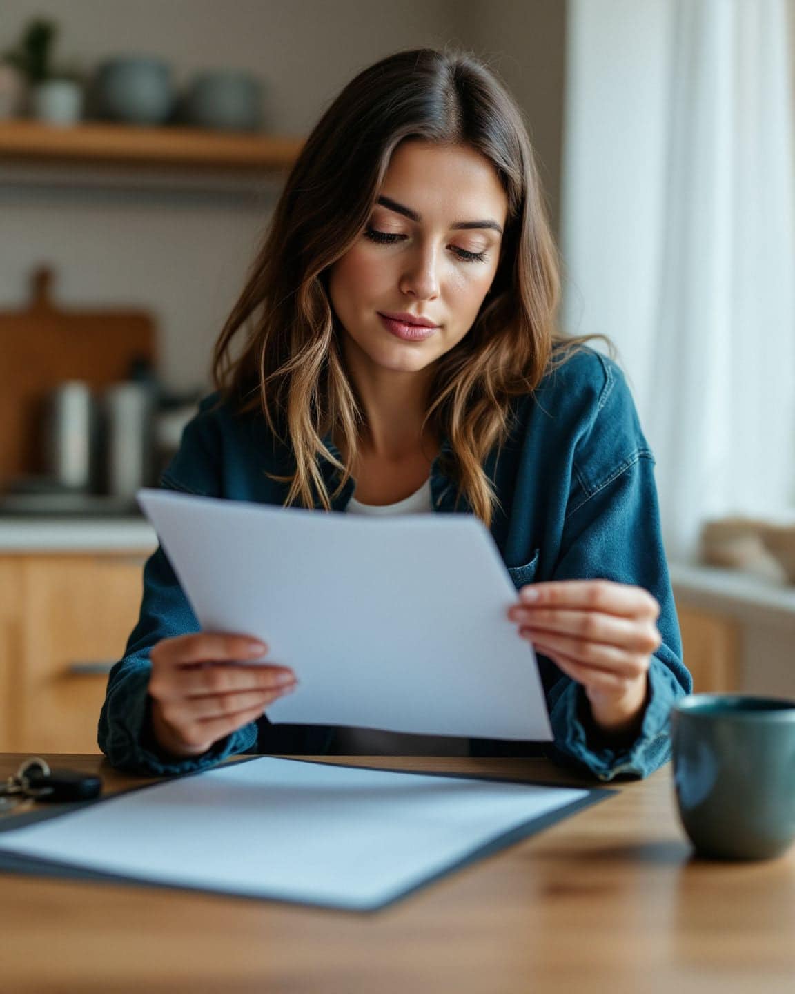 A woman reviews loan paperwork at a kitchen table with her car keys beside her.