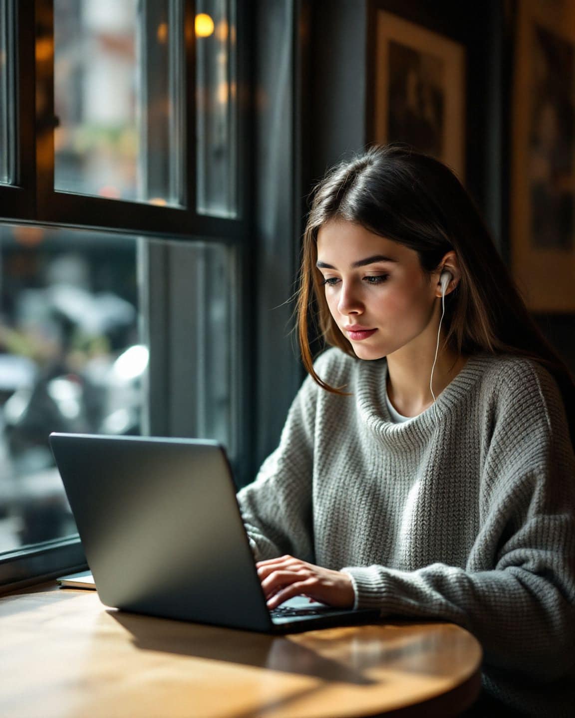 A young adult studies on a laptop in a cafe.