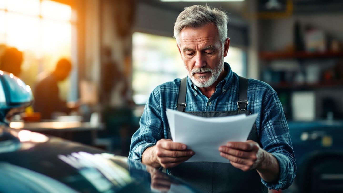 A car owner reads paperwork beside his car in a service bay.