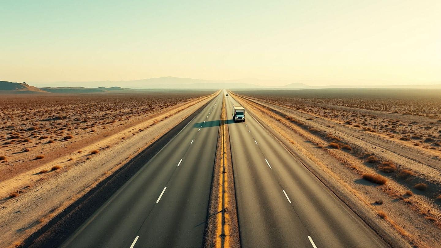 A long highway stretches across open desert with a car carrier in the distance.
