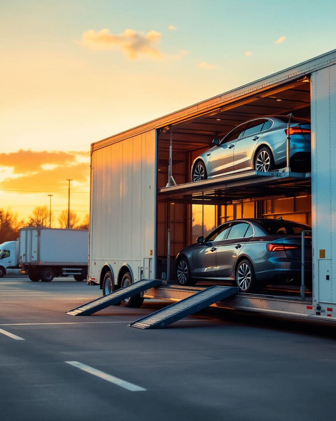 A car carrier truck loaded with cars drives along a highway at dawn.