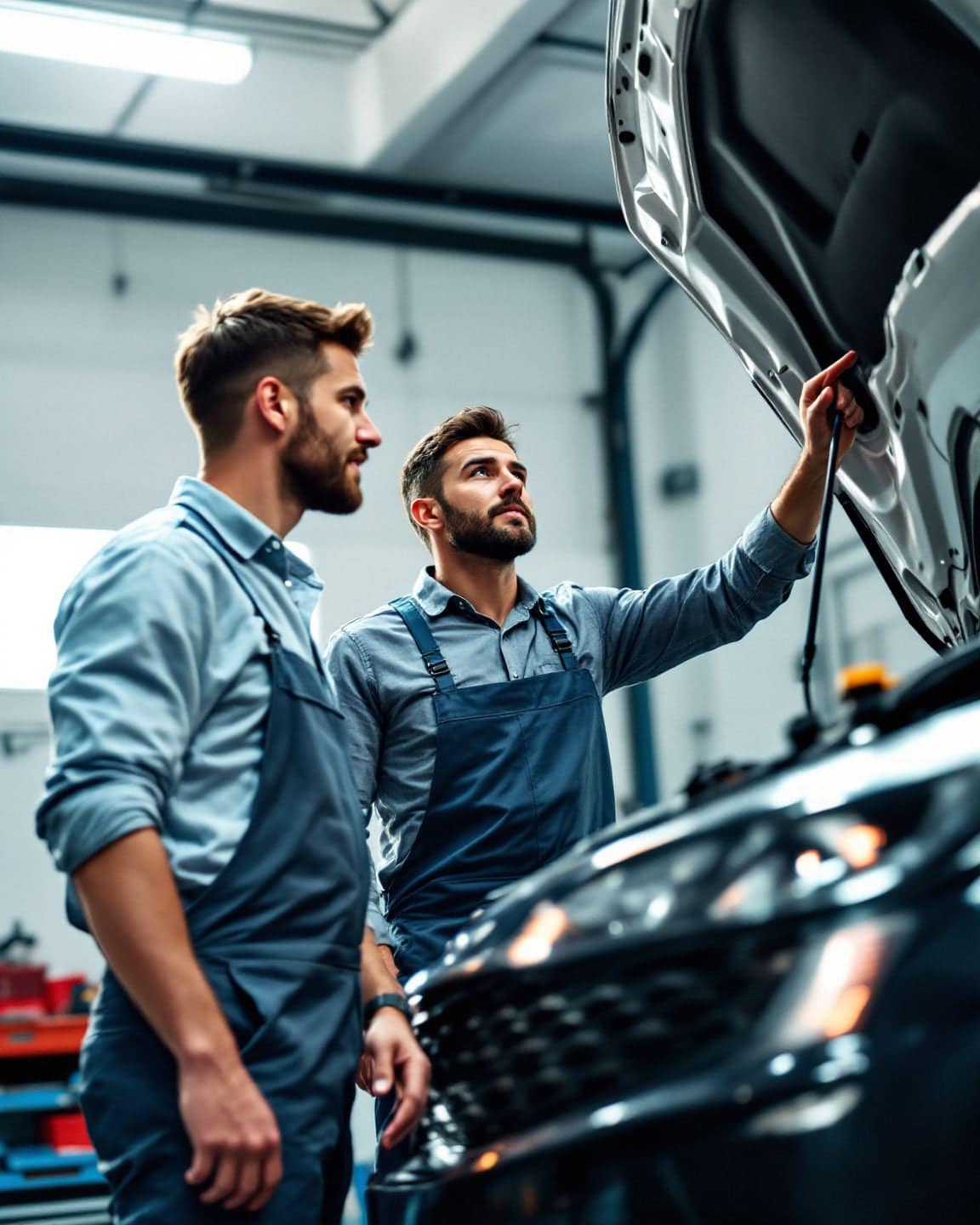 A mechanic shows a car owner the engine under a raised hood.