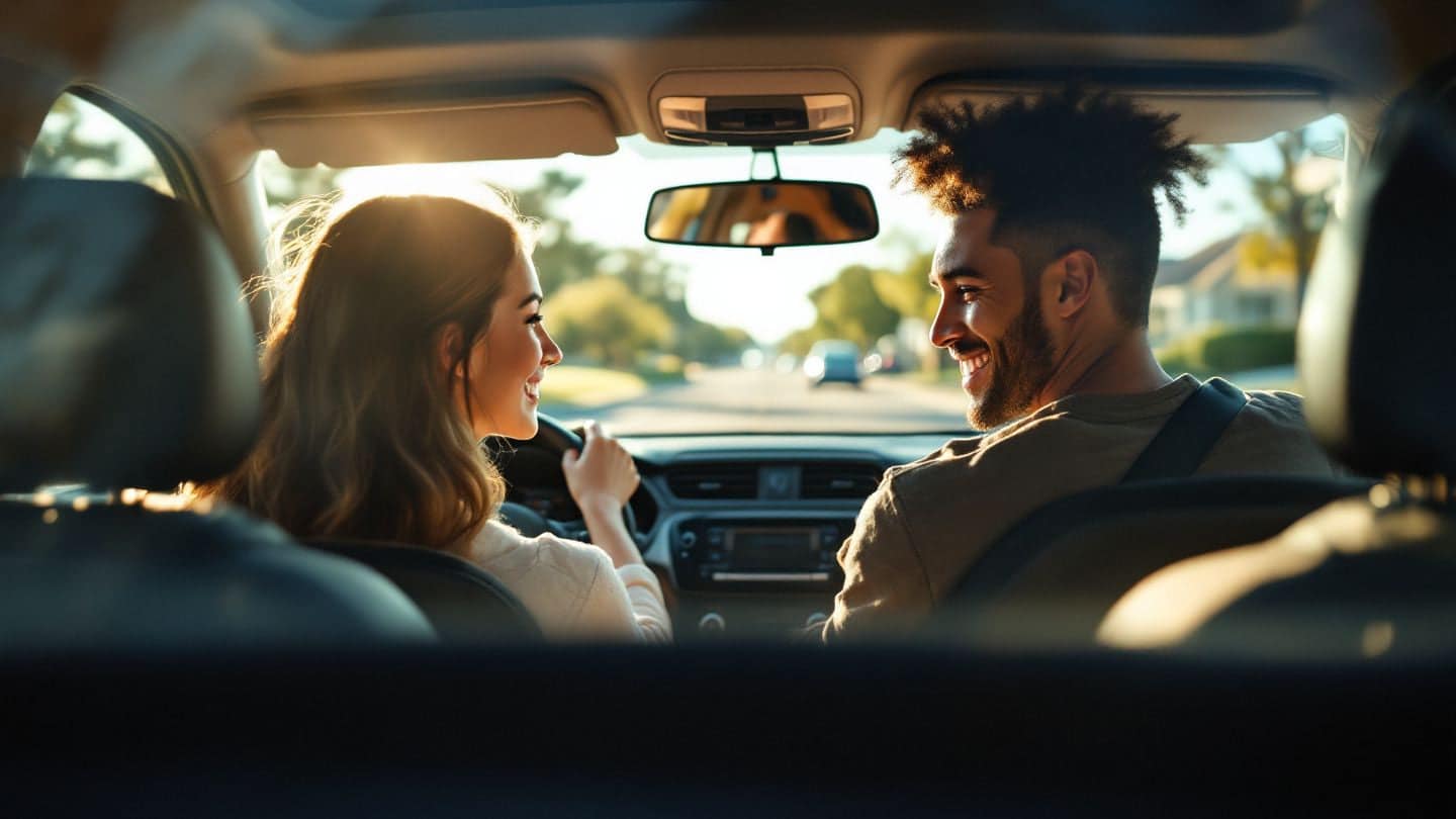 A young woman drives while her passenger smiles beside her on a sunny street, seen from the back seat.